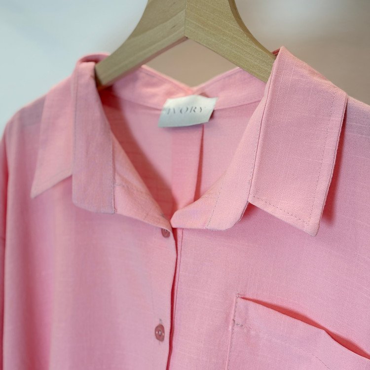 جزئیات شومیز آستین دکمه لینن زنانه فری سایز رنگ صورتی لیونا قشم